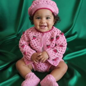 Ensemble Cardigan & Béret FILLE "Jardin de Fraises" (3-6 Mois)