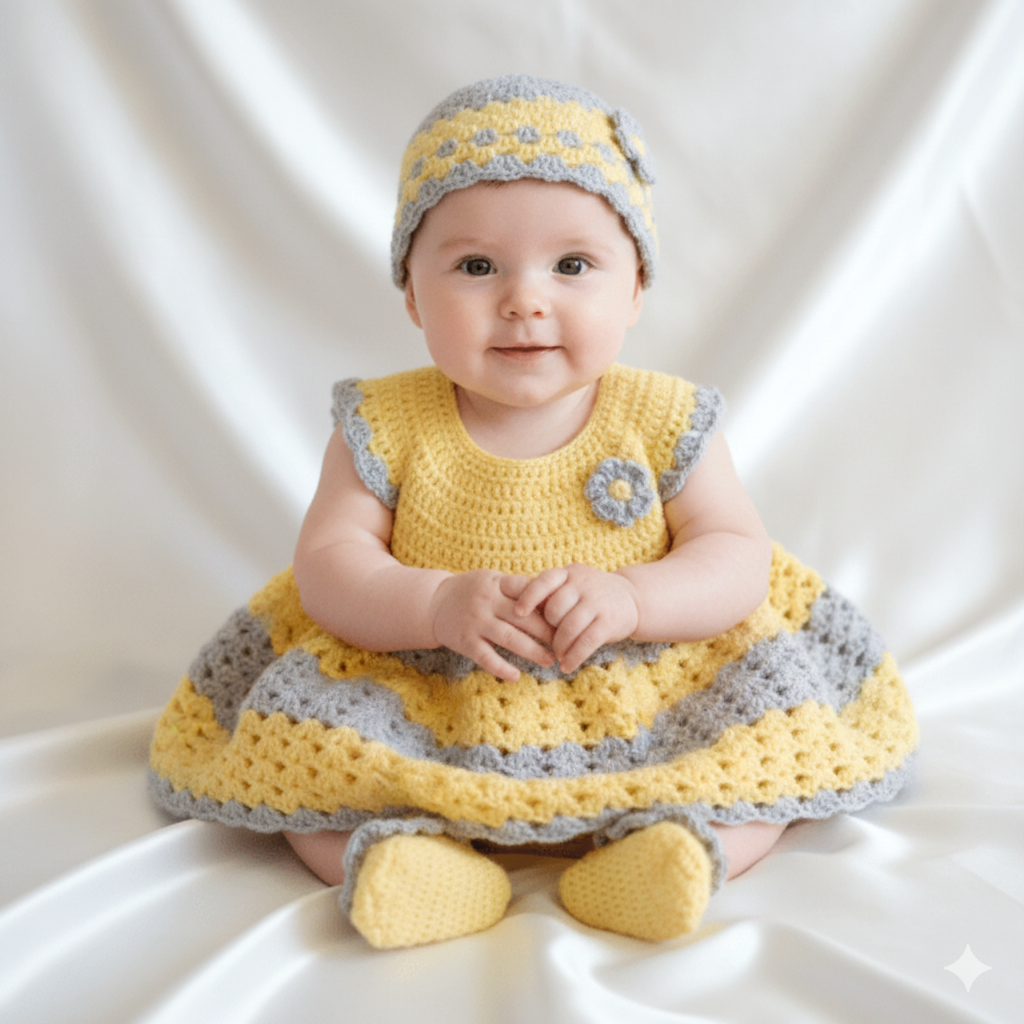 Ensemble Robe Tutu "Soleil et Nuage" (3 Pièces) | Crochet Fait Main (1-3 Mois)