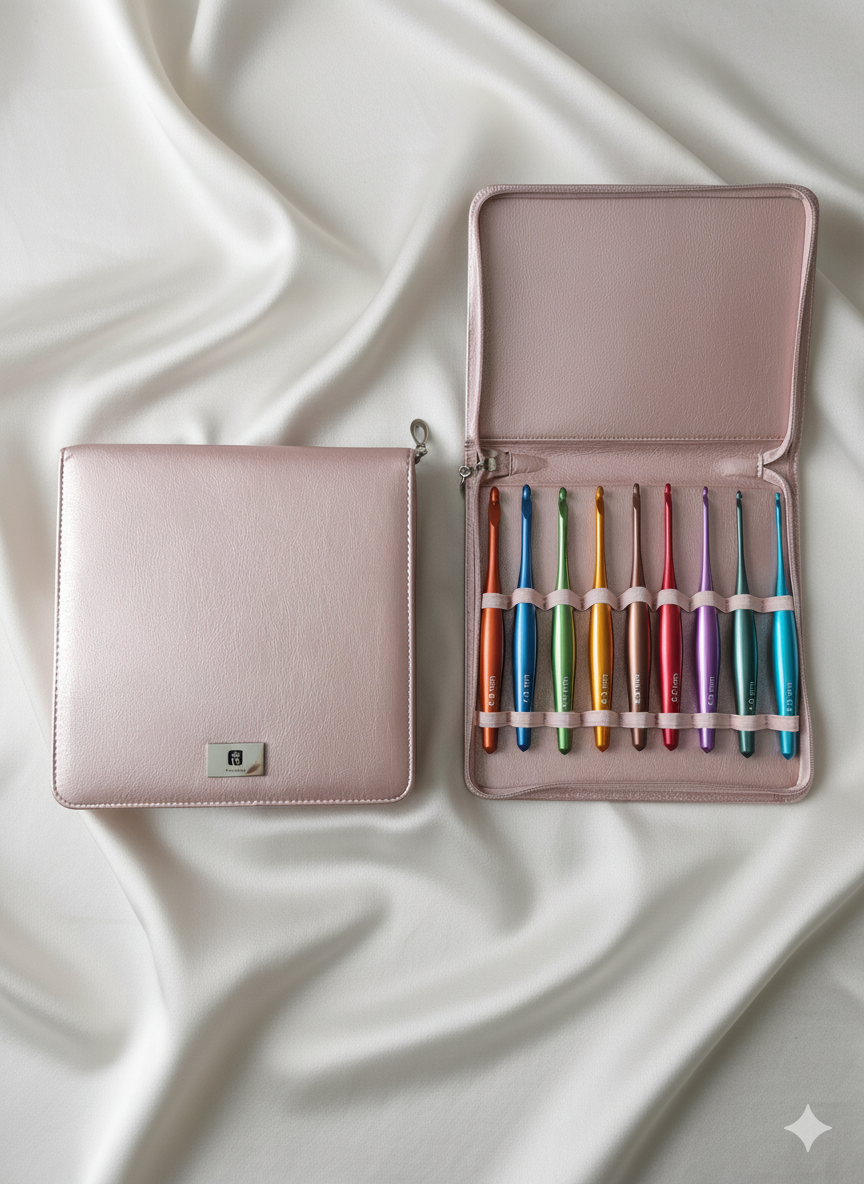 set de crochets ergonomiques – 8 pièces dans Étui luxe rose