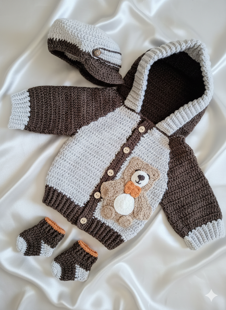 ensemble hivernal "petit explorateur" pour garçon (3 6 mois) : gilet à capuche, casquette et chaussons ours