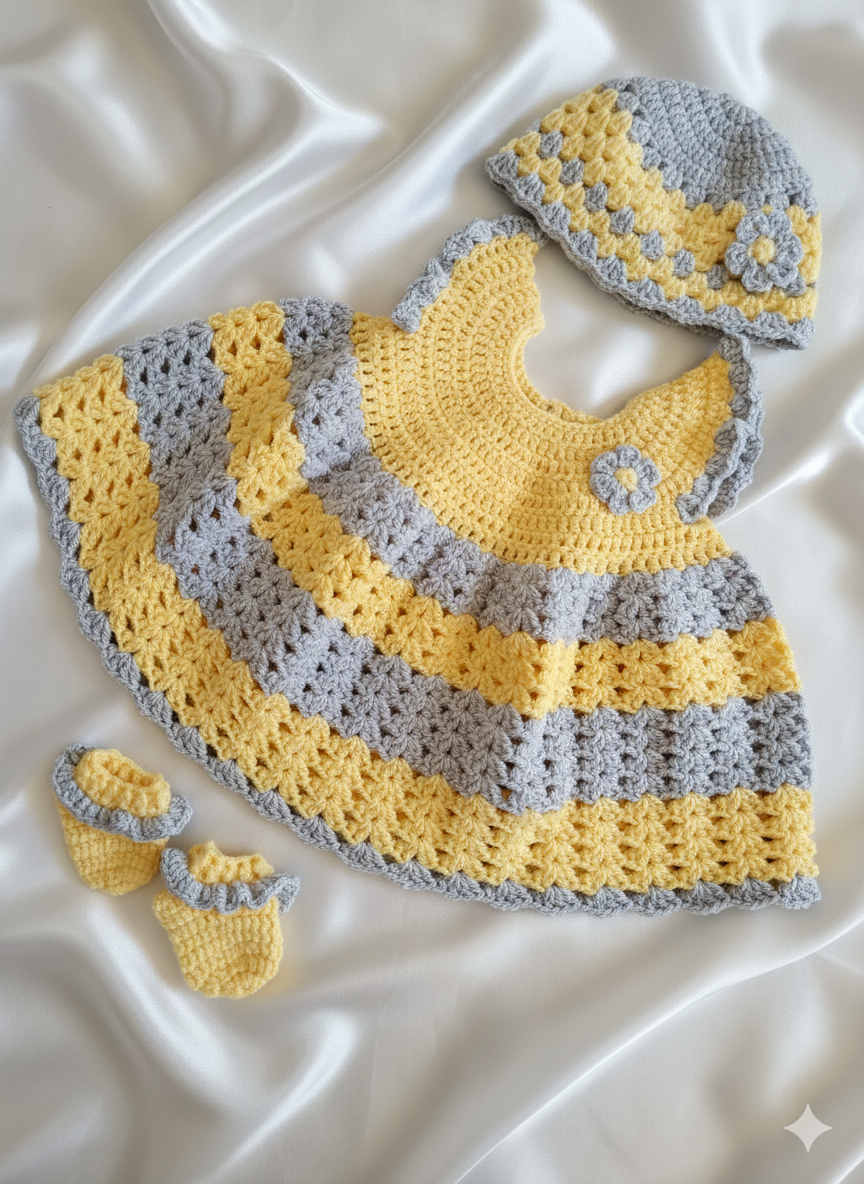 ensemble robe tutu "soleil et nuage" au crochet pour bébé (1 3 mois) jaune vif et gris souris