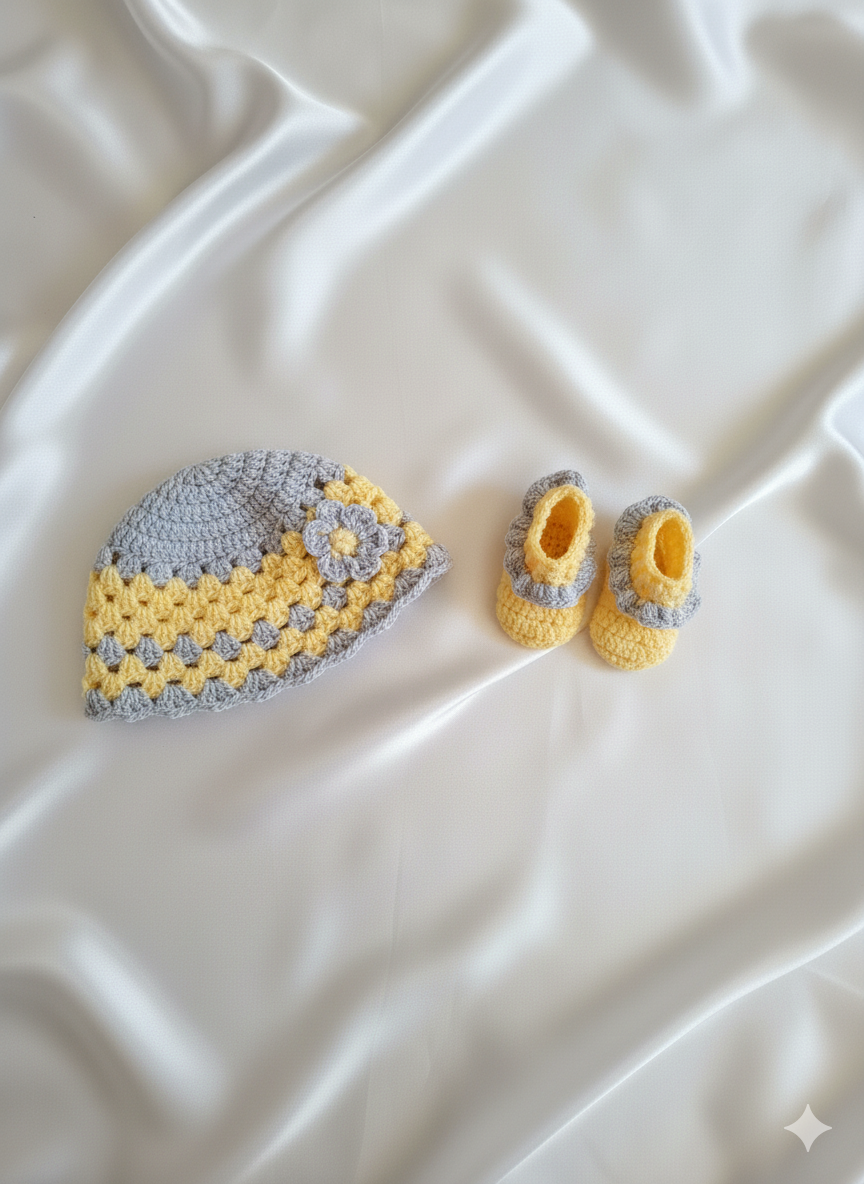 ensemble robe tutu "soleil et nuage" au crochet pour bébé (1 3 mois) jaune vif et gris souris