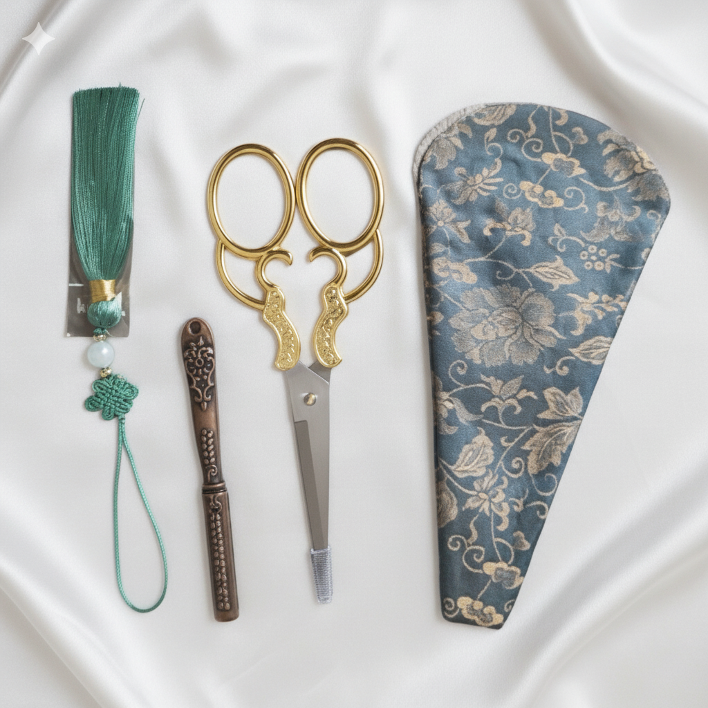 Kit 4 pièces – Ciseaux , Étui Fleuri , Découseur et Pompon Vintage Doré