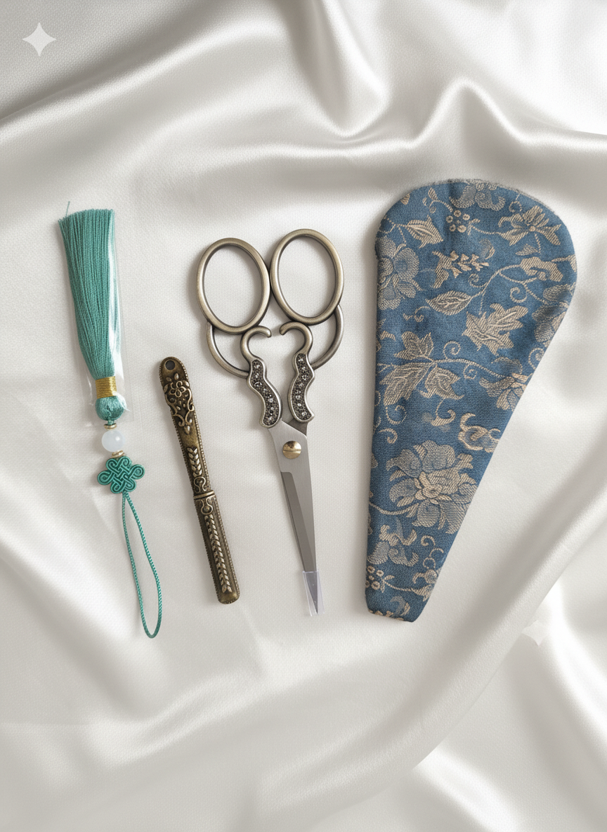 Kit 4 pièces – Ciseaux , Étui Fleuri , Découseur et Pompon Vintage Bronze