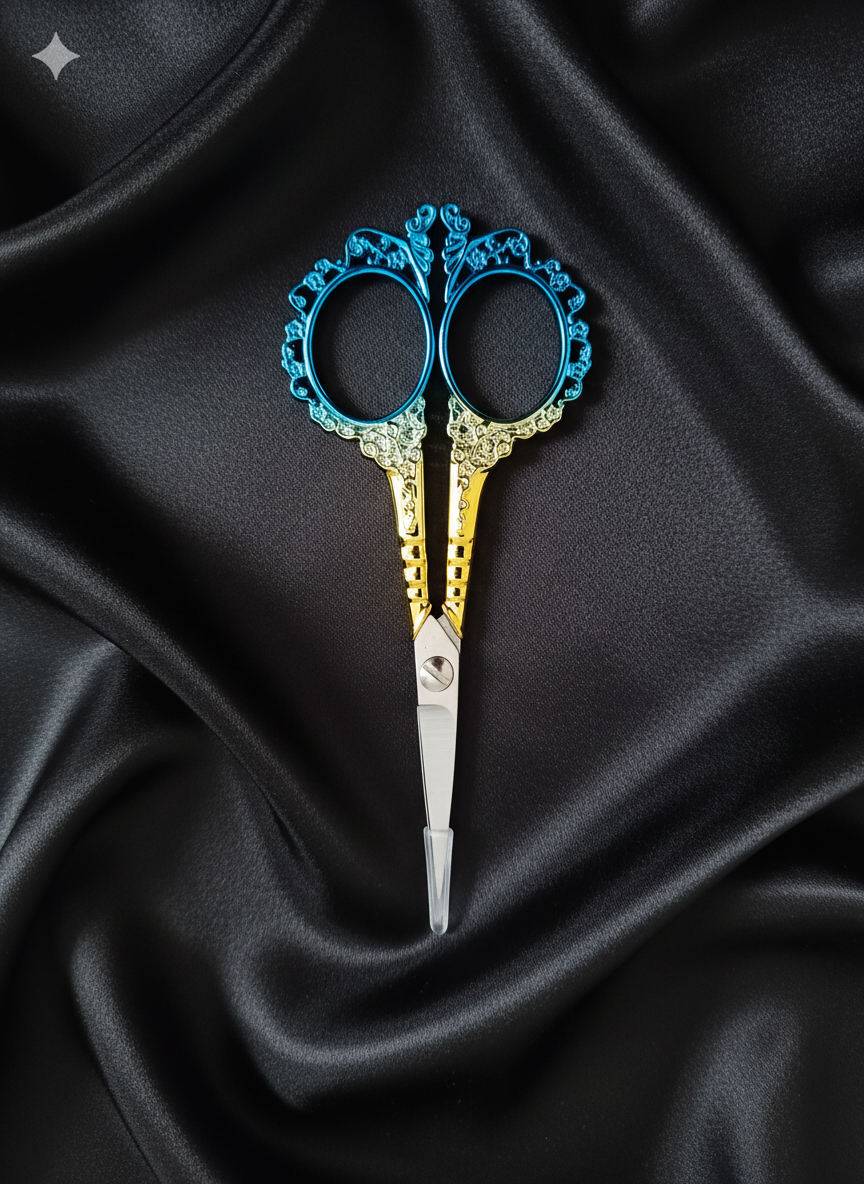 Ciseaux de Broderie ou de Couture Vintage en acier inoxydable Or et Turquoise