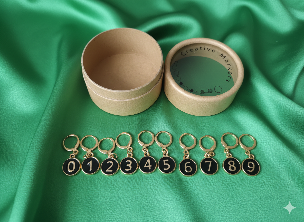 10 marqueurs de rangs numérotés (0 9) noir/or + boîte de rangement – outil crochet