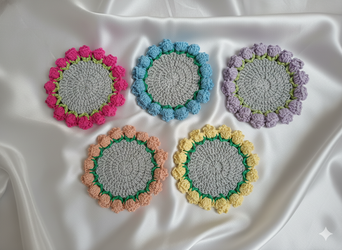 Ensemble Décoration de Table "Fleur Pastel et Raphia" (5 Sous-Tasses + 1 Corbeille) – Image 3