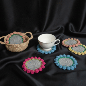 Ensemble Décoration de Table "Fleur Pastel et Raphia" (5 Sous-Tasses + 1 Corbeille)